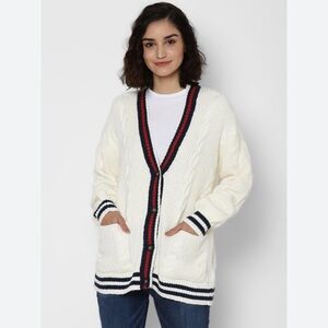 AMERICAN EAGLE Outfitters Cream Oversized V-Neck Striped Trim Cardigan Sweater